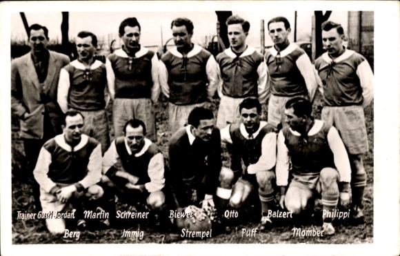 Postcard final between VfB Stuttgart and 1. FC Saarbrücken, football team, carpenter, mountain