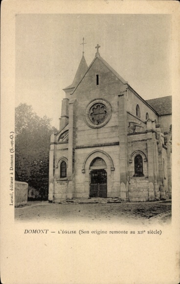 Ak Domont Val d'Oise, Eglise, Ursprung im 12. Jahrhundert, Schwarz-Weiß-Foto