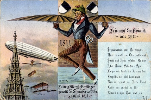 Künstler Ak Ulm an der Donau, Zepplin, Triumph der Aviatik, Schneider L.A. Berblinger