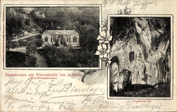 Postcard Warstein in Sauerland, restaurant at the Bilstein Cave, general view, stalactites