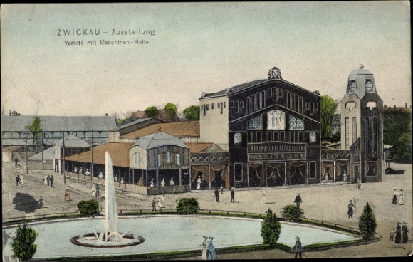 Ansichtkaart Zwickau in Saksen, handels- en industriële tentoonstelling 1906, variété- en machinehal, fontein