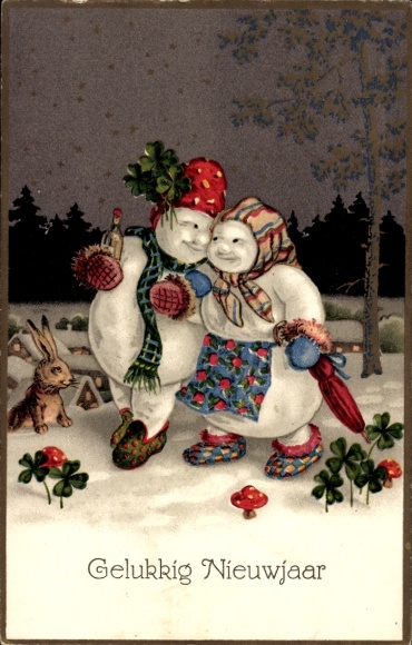 Postcard Happy New Year, Humanized Snowman, Snowwoman, Clover