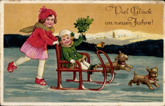 Postcard Good luck in the new year, children with sleds, puppies