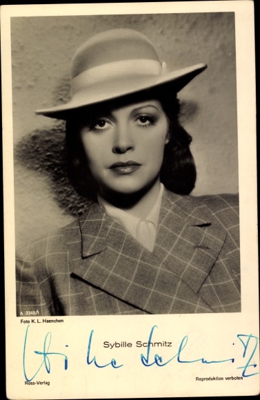 Postcard actress Sybille Schmitz, portrait, hat, autograph