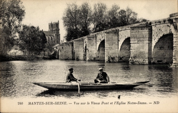 Ak Mantes sur Seine Yvelines, Vieux Pont, Eglise Notre Dame, Boot