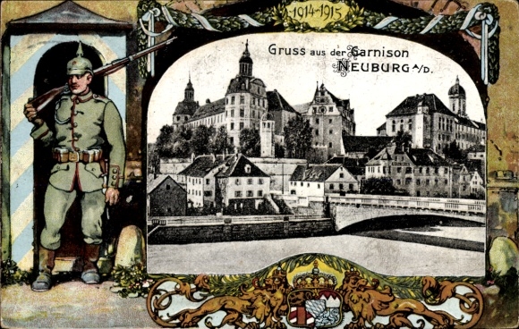 Passepartout Postcard Neuburg an der Donau Upper Bavaria, soldier in uniform, coat of arms, bridge