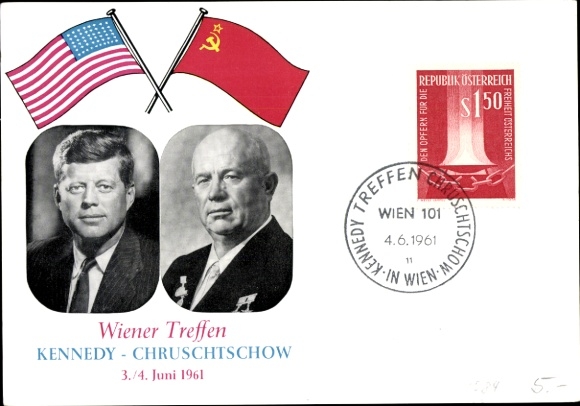 Postcard Vienna Meeting 1961, Kennedy, Khrushchev, flags