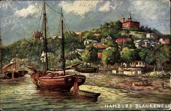 Kunstenaarskaart Hamburg Altona Blankenese, kavel in de haven