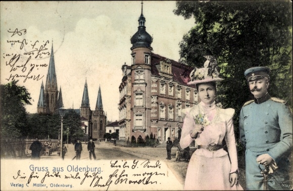 Postcard Oldenburg in Holstein, city view, architecture, woman with flowers, man in uniform