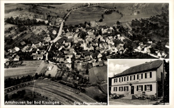 Postcard Arnshausen Bad Kissingen Lower Franconia Bavaria, aerial photograph, Gasthaus zum Lamm