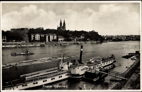 Postcard Praha Prague, saloon steamer Masaryk, cityscape