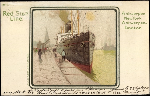 Kunstenaar litho Cassiens, H., Red Star Line, stoomboot in de haven