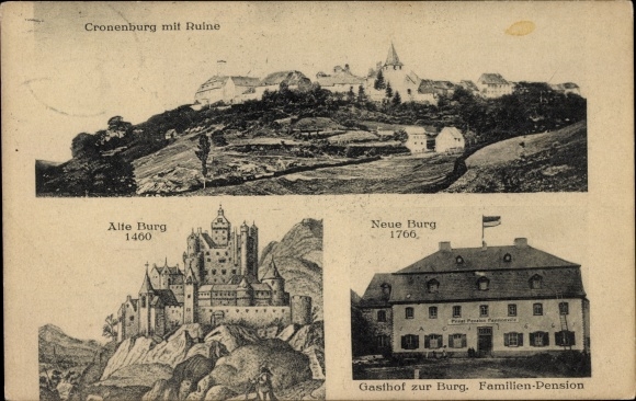 KP Kronenburg Dahlem w północnym Eifel, Gasthof zur Burg, widok na miasto, ruiny zamku