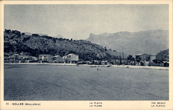 Ak Soller Mallorca Balearen, uitzicht op het strand, bergen op de achtergrond, tekst in meerdere talen
