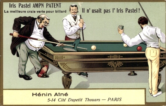 Chromo-Litho men at the pool table, advertising Iris Pastel green billiard chalk