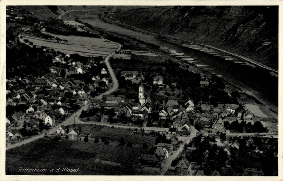 Postcard Trittenheim on the Moselle, aerial view of the town, river, winegrowing, church, houses
