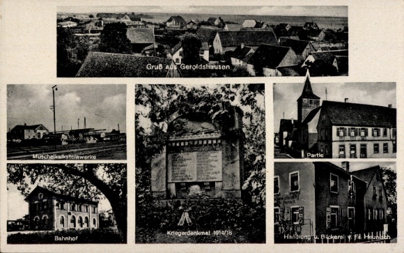 Postcard Geroldshausen Lower Franconia, Muschelkalksteinwerke, railway station, Heunisch shop, war memorial