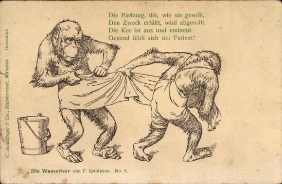 Kunstenaarskaart Quidenus, F., waterkuur, antropomorfe apen, de patiënt voelt zich gezond