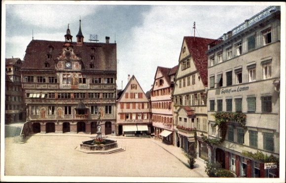 Ak Tübingen am Neckar, Marktplatz, Rathaus,  Gebäude, Brunnen
