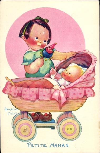 Artist Postcard Mallet, Beatrice, Petite Maman, girl with rattle, baby, stroller