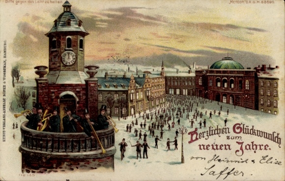 Halt gegen das Licht Litho Fröhliches Neujahr, Turmbläser, Uhr, Meteor
