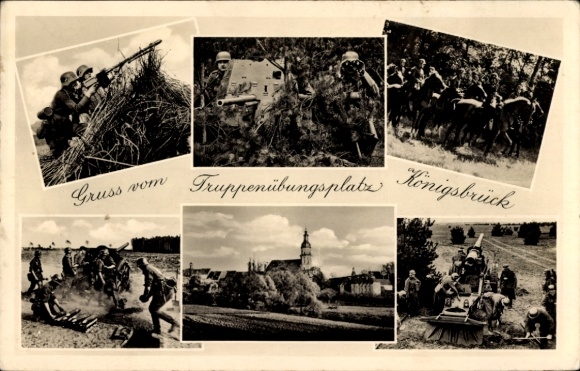 Postcard Königsbrück in Upper Lusatia, soldiers, military training area, military exercises, horses