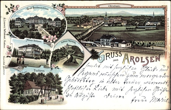 Litho Bad Arolsen in Hessen, Schloss Waldeck, Fischhaus, Bahnhof, Ort