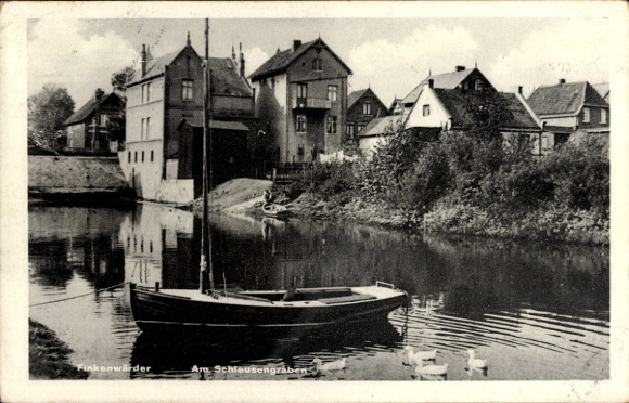 Postcard Hamburg Mitte Finkenwerder Finkenwärder, Am Schleusengraben, boat, residential buildings