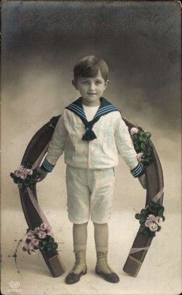 Postcard Happy New Year, boy, horseshoe, flowers