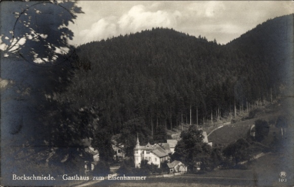 Ak Bockschmiede Döschnitz an der Schwarza in Thüringen, Gasthaus zum Eisenhammer