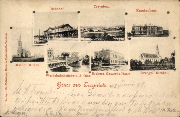 Postcard Třinec Trzynietz Moravian Silesia, railway station, hospital, industrial railway bridge, industrial hotel