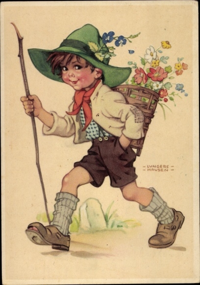 Artist PC Lungershausen, Ilse Wende, boy with back carrier, flowers