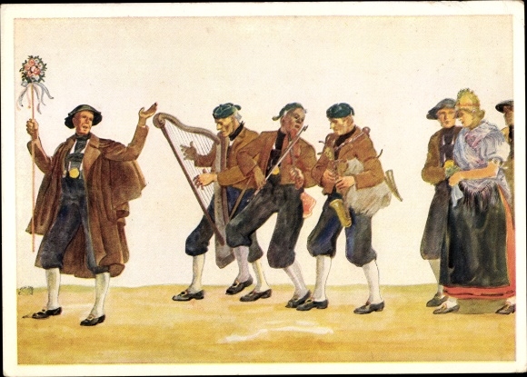 Kunstenaarskaart Schönecker, Toni, Egerländer huwelijksstoet, kostuums, Sudeten-Duitsers