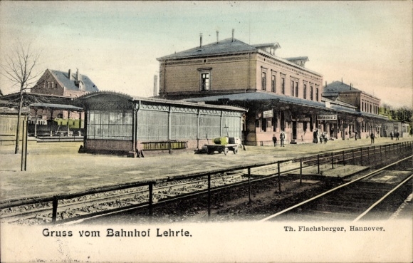 Postcard Lehrte in Lower Saxony, train station, green stamp, postmark