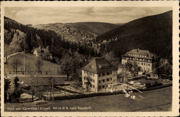 Postcard Bärenfels Altenberg in the Ore Mountains, view over the Ore Mountains, building in the foreground, forest in...