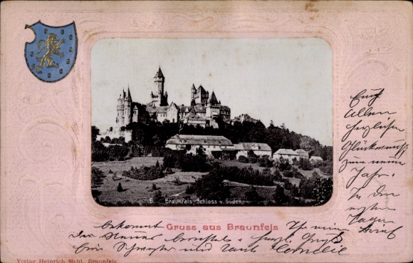 Embossed Postcard Braunfels an der Lahn, general view, coat of arms