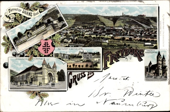 Litho Freyburg an der Unstrut, Turnvater Jahns Haus, Turnhalle, Kirche, Restaurant