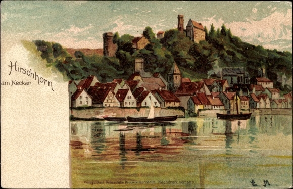 Artist Chromo-Litho Hirschhorn Neckar, view of the town, castle
