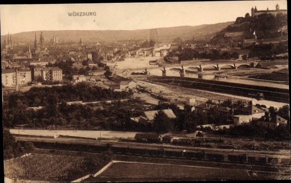 Postcard Würzburg am Main Lower Franconia, city view of river, bridges, railway tracks