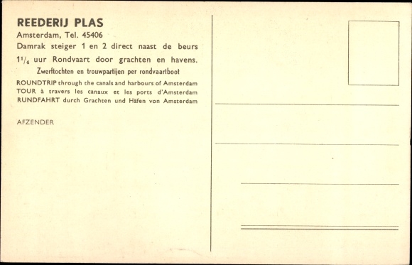 Postcard Amsterdam North Holland Netherlands, Rederij Plas, Harbour, Sightseeing Tours