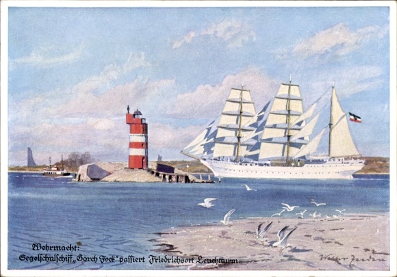 Künstler Ak Zeeden, Walter, Friedrichsort Kiel, Segelschulschiff Gorch Fock, Leuchtturm