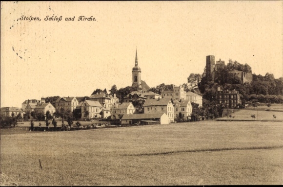 Postcard Stolpen in Saxony, Church and Castle Panorama