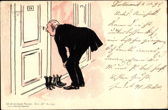 Chromo-Litho Curious servant at the door, shoes