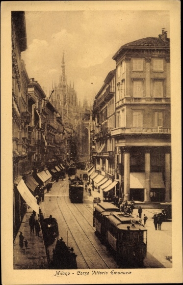 Postcard Milano Milan Lombardia, Corso Vittorio Emanuele, tram line 24, shops