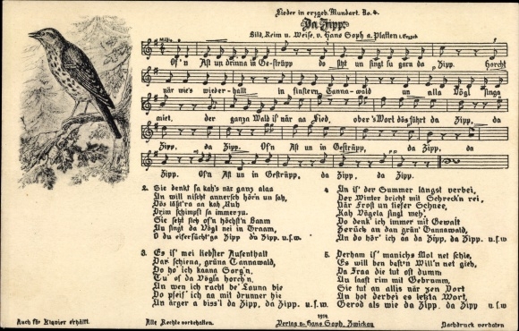 Song Postcard Soph, Hans, Da Zipp, Ore Mountain dialect No. 4, Vogel