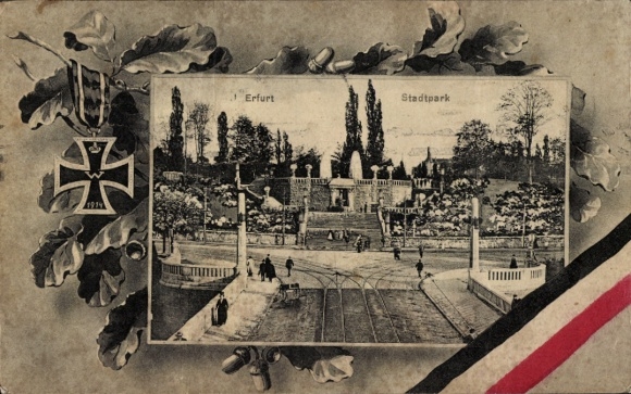 Passepartout Postcard Erfurt in Thuringia, city park, tracks, iron cross