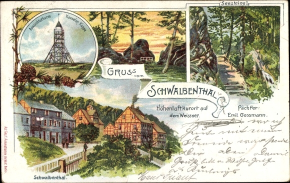 litho Meißner in Hessen, Hoog Meißner, uitkijktoren Kasseler Kuppe, Schwalbenthal, Seesteine