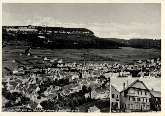 Postcard Spaichingen in Württemberg, view of Dreifaltigkeitsberg, Gasthaus z. Berg, airplane