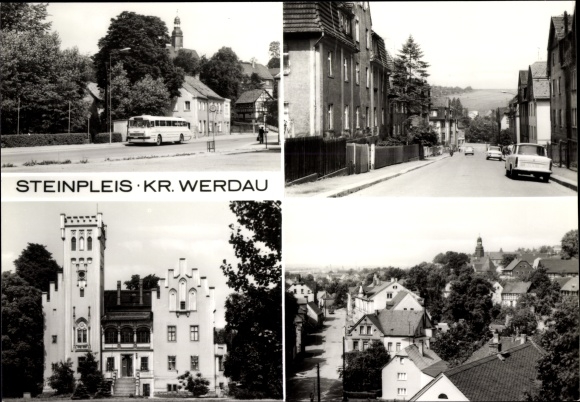 Ak Steinpleis Werdau in Saksen, stadsgezichten, bus, auto, toren