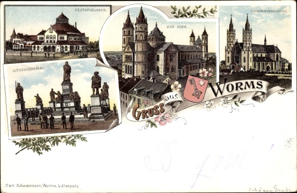 Chromo-Litho Worms am Rhein, cathedral, panorama, Grand Duke Monument, Luther Monument